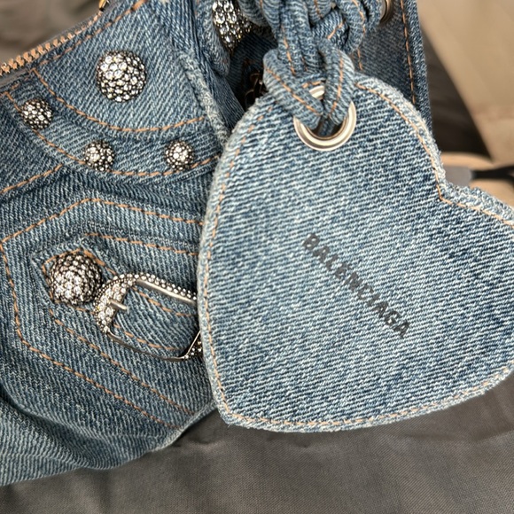 BALENCIAGA 
WOMEN'S LE CAGOLE XS SHOULDER BAG DENIM IN BLUE WITH CRYSTALS - Picture 3 of 14